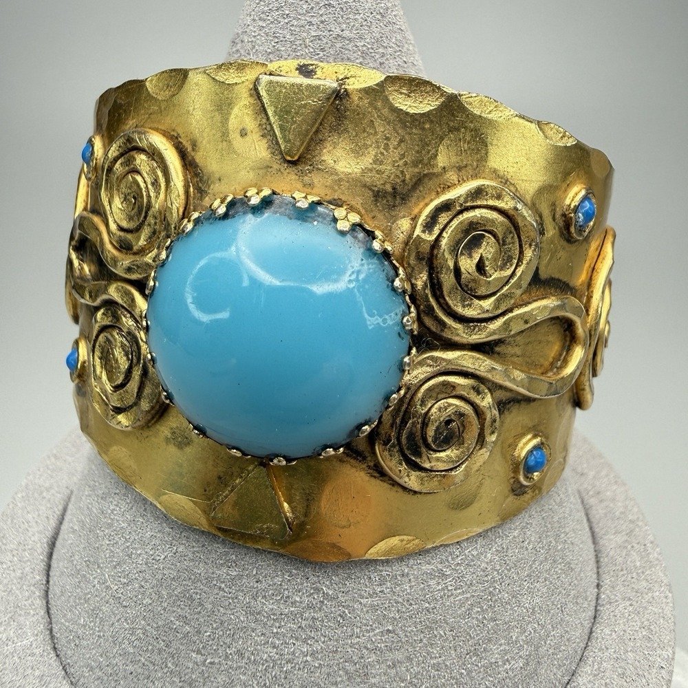 Vintage Cuff Bracelet Gold Tone Blue Stones Old Patina Southwestern 6.75"